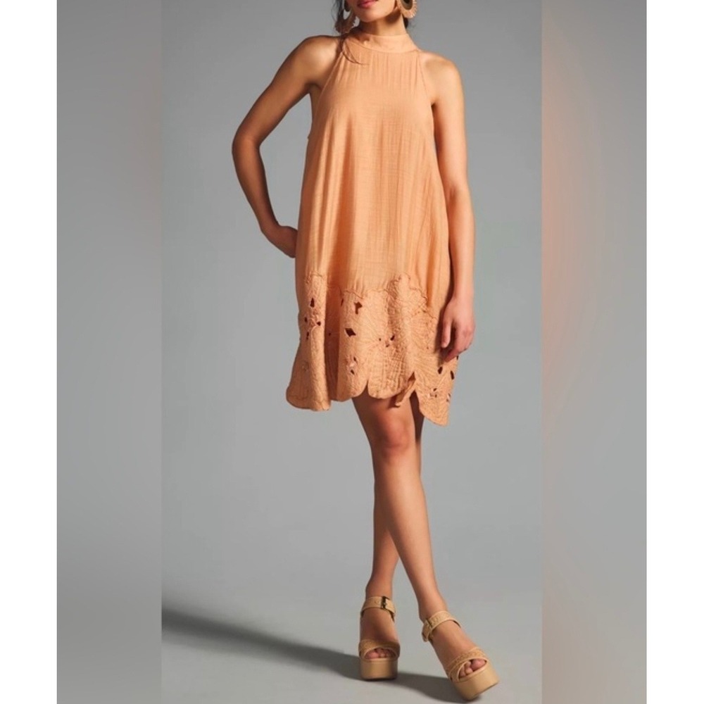 Anthropologie Sleeveless Cutwork Floral Embroidered Halter Dress Size Small